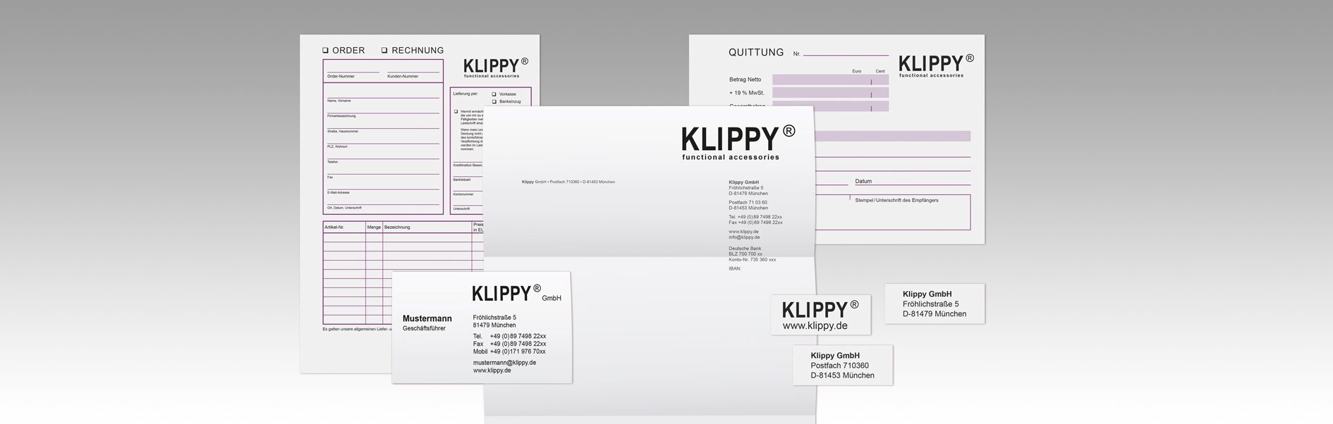 Hier ist die Geschäftsausstattung von Klippy dargestellt.