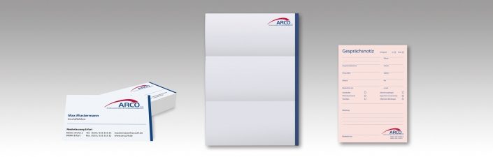 Hier sind die neuen Arco Visitenkarten, das Briefpapier und der Notizzettel zu sehen